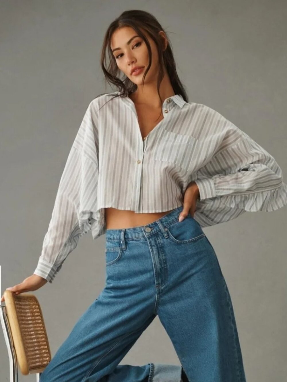 Anthropologie Pilcro Batwing Blouse Oversized Button Down Stripe Size L
